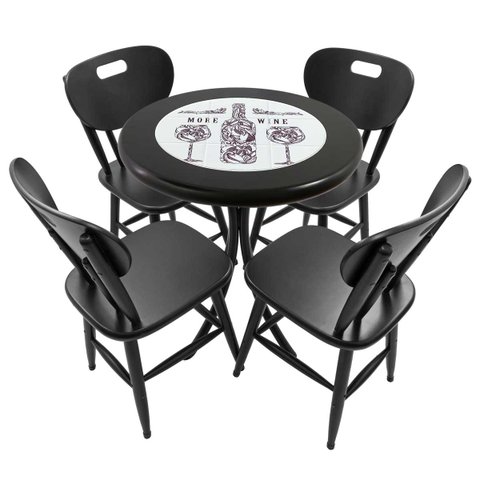 Conjunto Mesa Madeira Azulejo 60cm - Bistrô Fixa 78cm + 4 Cadeiras 43 - Preta - More Wine