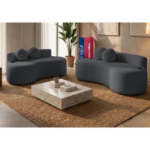 Conjunto de Sofá 3 e 2 Lugares Veda Xpand Tech Tecido Bouclê Cinza Escuro Cama Inbox