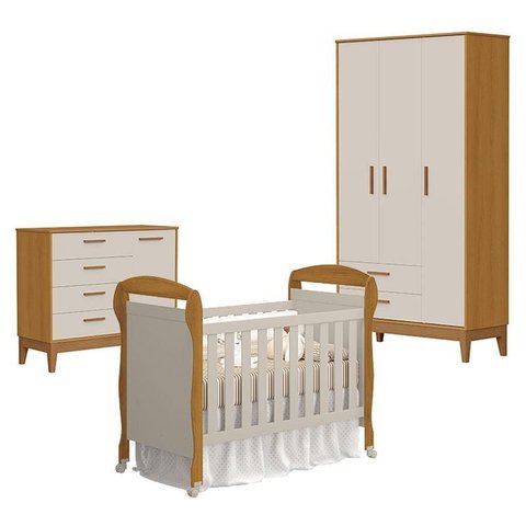 Quarto de Bebê 3 Portas com Cômoda com Porta Flip e Berço Americano Danny Areia Savana Acetinado