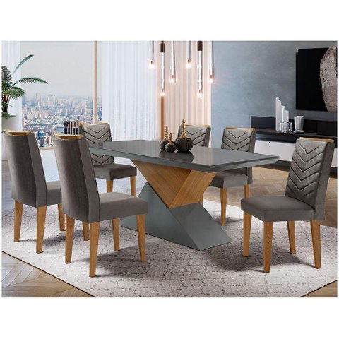 Mesa Aster 180 Tampo em Mdf e Vidro com 6 Cadeiras Liz Moderna Grafite com Imbuia
