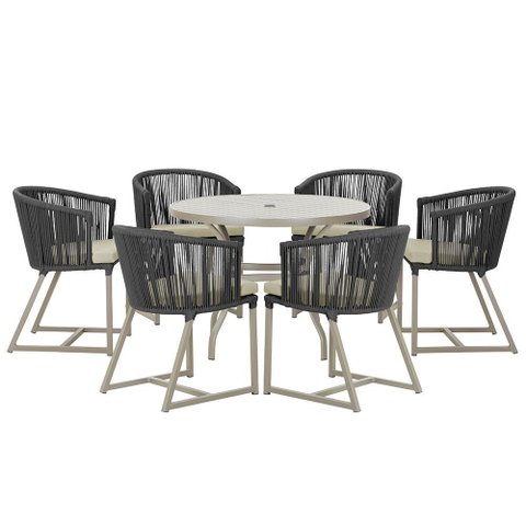 Mesa com 6 Cadeiras de Jantar Roma 120cm e Noronha em Alumínio Fendi Corda Náutica Estofado 7 Trama