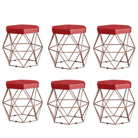 Kit 6 Puffs decorativos aramado Vanessa-corino vermelho