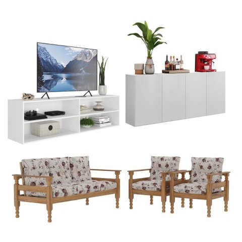 Rack Tv 75 com Aparador e Jogo de Sofá Multimóveis Cr45236 Branco Imbuia Floral Rosa