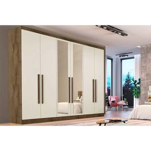 Guarda Roupa 6 Portas (2 C/ Espelho) e 6 Gavetas Oslo Braúna/off White - Europa