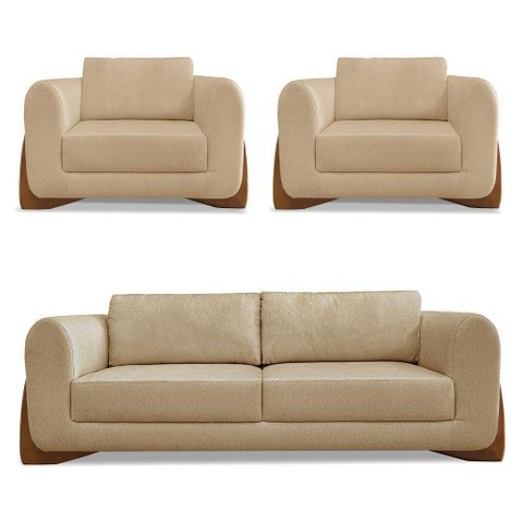 Kit 2 Poltronas e Sofá 2 Lugares Linho Dourado Pés Castanho