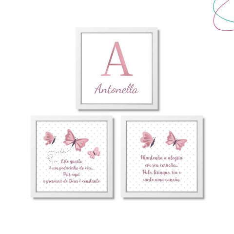 3 Quadrinhos Decorativos Infantil Moderninho Borboletas: Branca