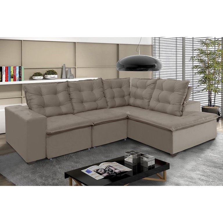 Sofá de Canto Montreal Retrátil, Reclinável, 4 Lugares 2,70x2,10 Metros, Chaise Fixo, Pillow Top, Ca