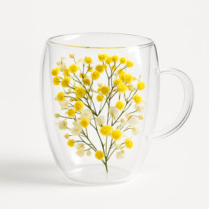 Caneca Xícara 350ml Chá Café Parede Dupla de Vidro com Flores Primavera Decorativas Presente:amarelo