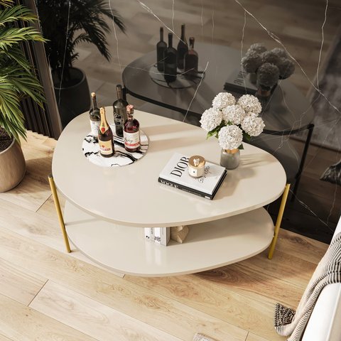 Mesa Lateral Design Orgânico 2 Níveis Mdf Off White Sala Estar Moderna Luxo