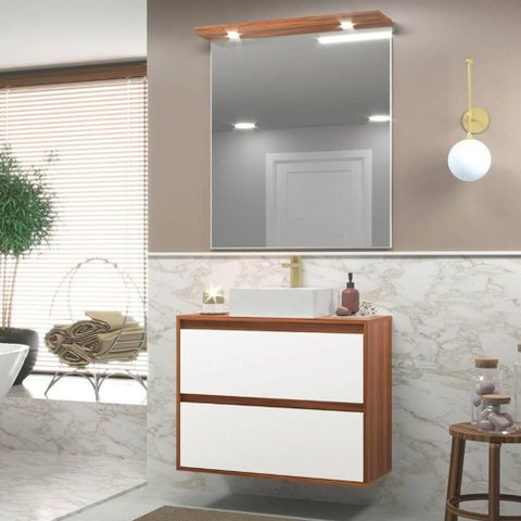 Gabinete para Banheiro com Cuba e Espelheira com Led 80cm Mdf Freijo com Branco Dubai - On Móveis