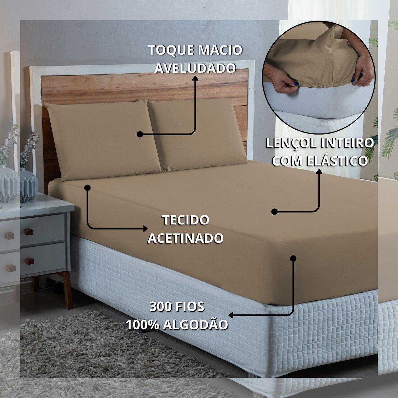 Jogo de Cama Lençol Casal 300 Fios Algodão 3 Peças Conjunto com Elástico e Fronhas:avela - 4