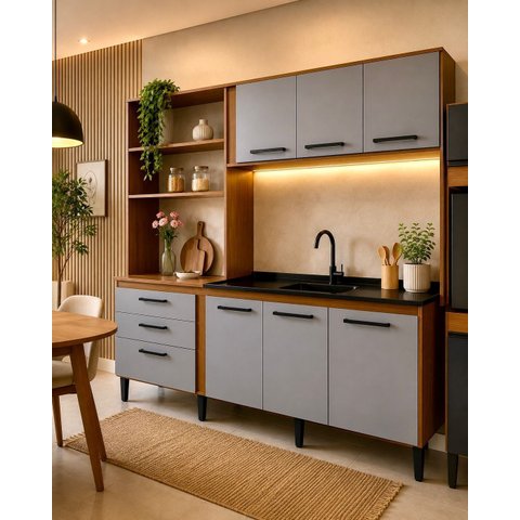 Cozinha Compacta Completa MDP Armário Balcão Aéreo Moderna