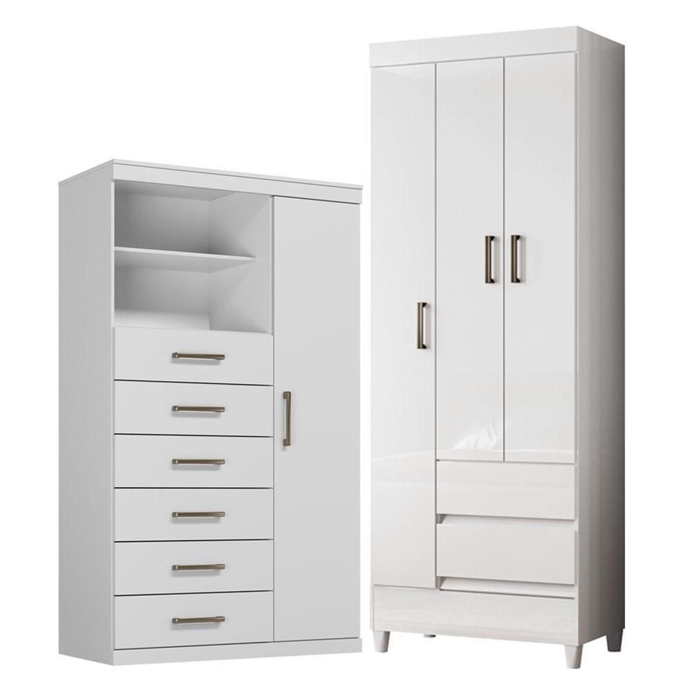 Guarda Roupa Solteiro 3 Portas com Pés e Cômoda Marabá Branco Brilho ...
