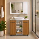 Ver imagem 2 de Kit Banheiro Gabinete Premium 2 Portas com Espelheira Cannes - Gab. Branco/Ripado Nat + Esp. Branco
