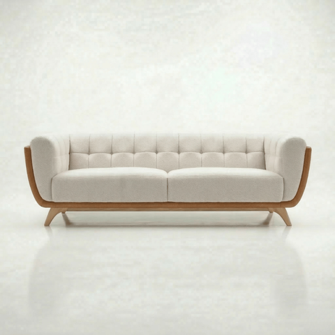 Sofá 2 Lugares 180cm Retrô Pés de Madeira Luxo Premium Estofado em Bouclé e Courino Sala e Recepção 
