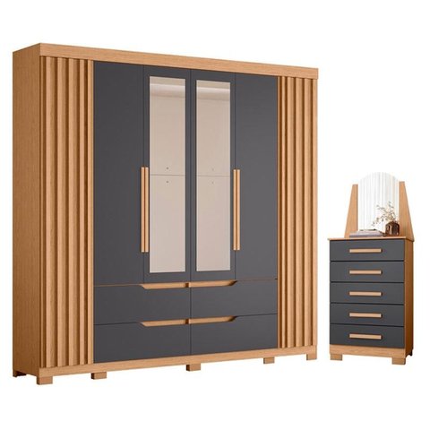 Guarda Roupa Casal Doble com Espelho 06 Portas e Cômoda New Veneza Freijo Titanium - Móveis Albatroz