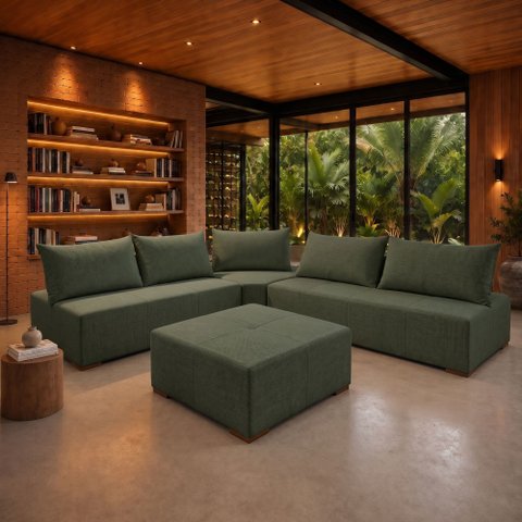 Sofá de Canto Modulado com Puff e Base Madeira Maciça 320CMX270CM Lisboa