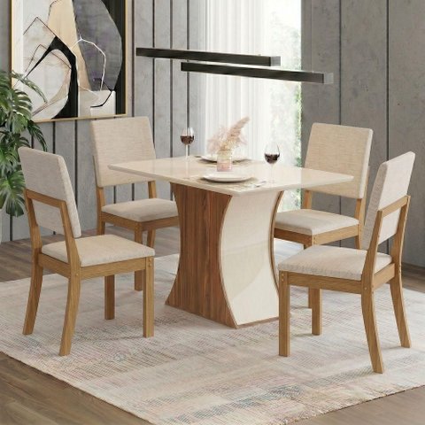 Conjunto Sala de Jantar Layla Trend 4 Lugares Tampo MDF Cadeiras Estofadas Off White 120cm Casa 812