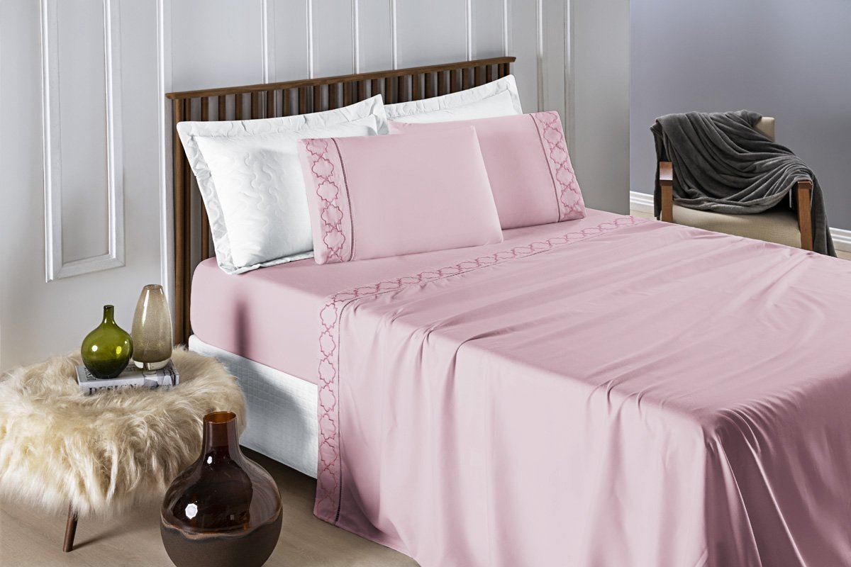 Conjunto Cama Casal Queen Size Madri Bordado 300 Fios Super Macio:rosa - 2