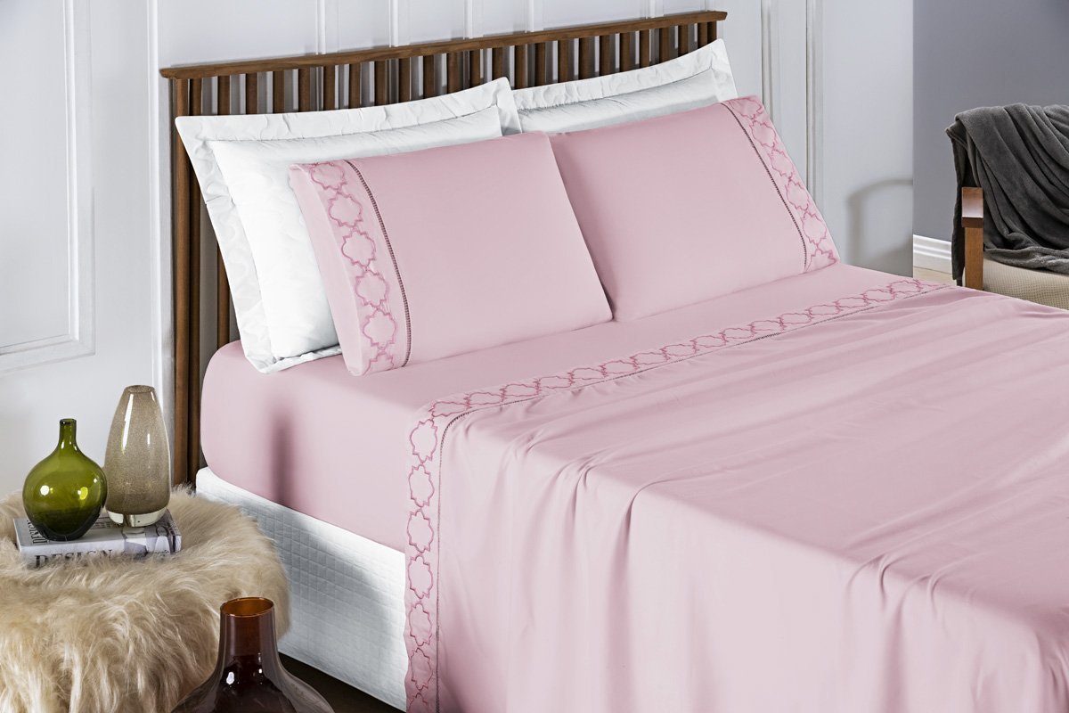 Conjunto Cama Casal Queen Size Madri Bordado 300 Fios Super Macio:rosa