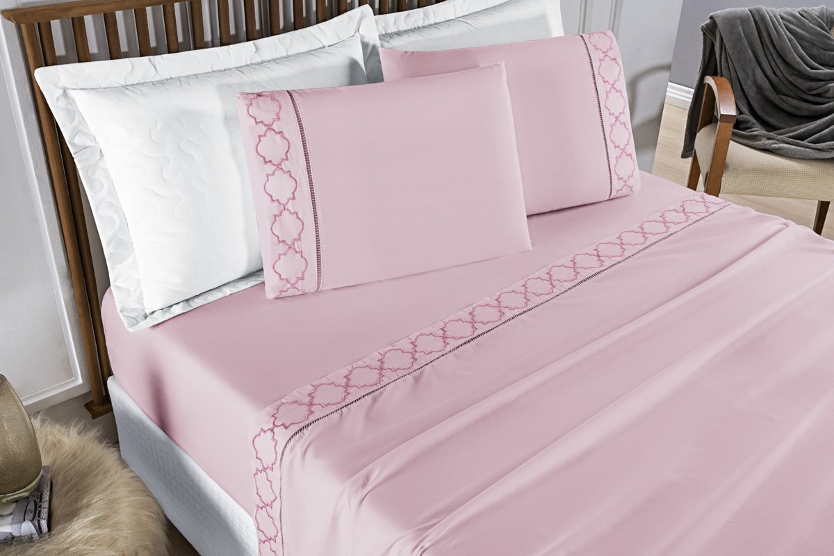 Conjunto Cama Casal Queen Size Madri Bordado 300 Fios Super Macio:rosa - 3