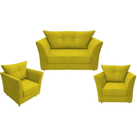 Kit Namoradeira + 2 Poltronas Decorativa Isis Couro Amarelo Pés Madeira Ms Decor