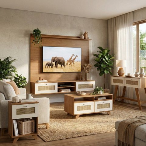 Sala de Estar com Painel Tv 72'' Mesa Centro e Apoio e Aparador Trama Cinamomo/off White
