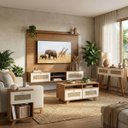 Ver imagem 1 de Sala de Estar com Painel Tv 72'' Mesa Centro e Apoio e Aparador Trama Cinamomo/off White