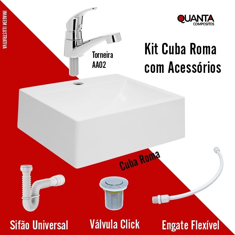 Kit 02 Cuba Roma Branca C/ Torneira Preta Aa02bl + Válvula Click + Sifão Universal + Engate Flexível - 9