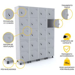 ROUPEIRO DE AÇO 4M 20 PORTAS FECHADURA PANDIN - CINZA - 3