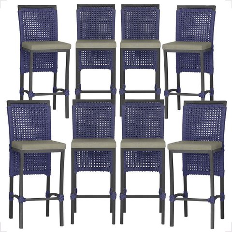 8 Banquetas em Alumínio Roma Preta Corda Náutica Tecido 8