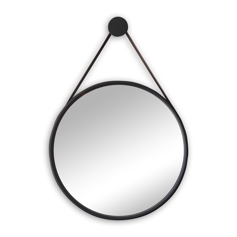 Espelho Redondo Decorativo Adnet 80 cm Preto com Moldura e Suporte em Alumínio e Alça em Couro Ecoló