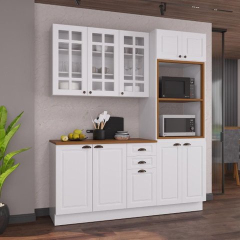 Armário de Cozinha Modulada Compacta Fidelitá Nara 100% MDF 3 Peças 200cm 8 Portas 2 Gavetas sem