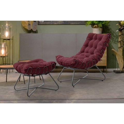 Poltrona Costela Luxo com Puff Eva Metal Preto Veludo Bordo