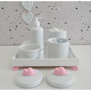 Kit Higiene Porcelana Bebê Banho Cuidado Meninas Maternidade Quarto K014 Nuvem - Rosa