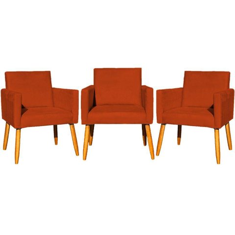 Kit 3 Poltronas para Recepção Nina Suede Cores Pé Palito 30cm Castanho - Suede
