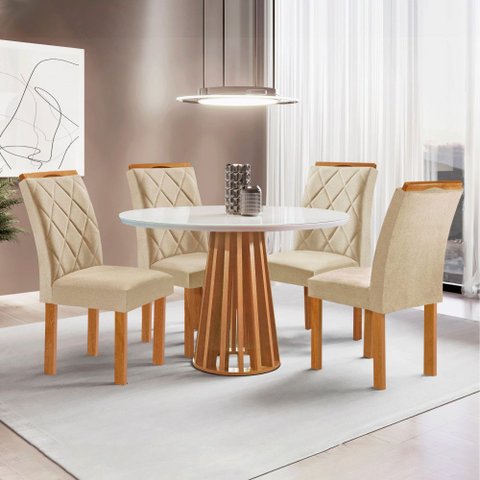 Mesa Kansas 100cm 4 Cadeiras Arthus Tampo Redondo Plus Vidro Off White