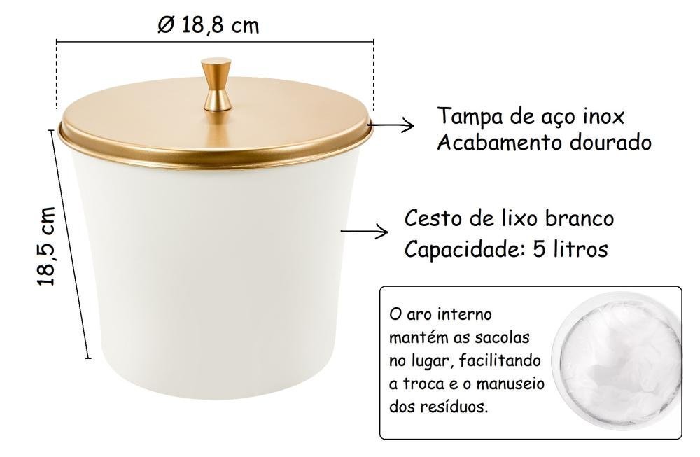 Lixeira Cesto de Lixo Pia Cozinha Banheiro 3 Litros Branca com Tampa Inox Dourado Gold Alto Padrão - 2