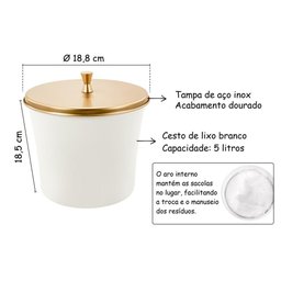 Lixeira Cesto de Lixo Pia Cozinha Banheiro 3 Litros Branca com Tampa Inox Dourado Gold Alto Padrão - 2