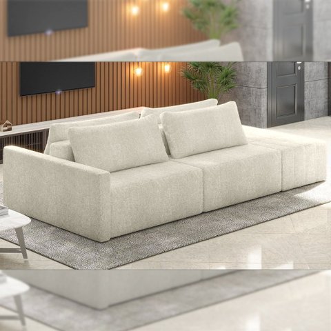Sofá Ilha Modulado Milos 252cm Puff Lateral Bouclê Bege G33 - Gran Belo