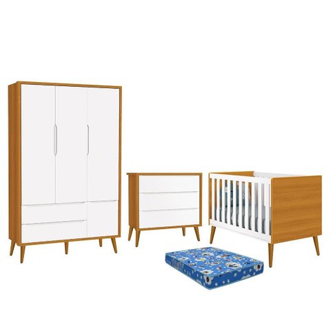 Dormitório Infantil Theo Retrô 3 Portas, Cômoda, Berço Branco/Savana com Pés Amadeirado e Colch