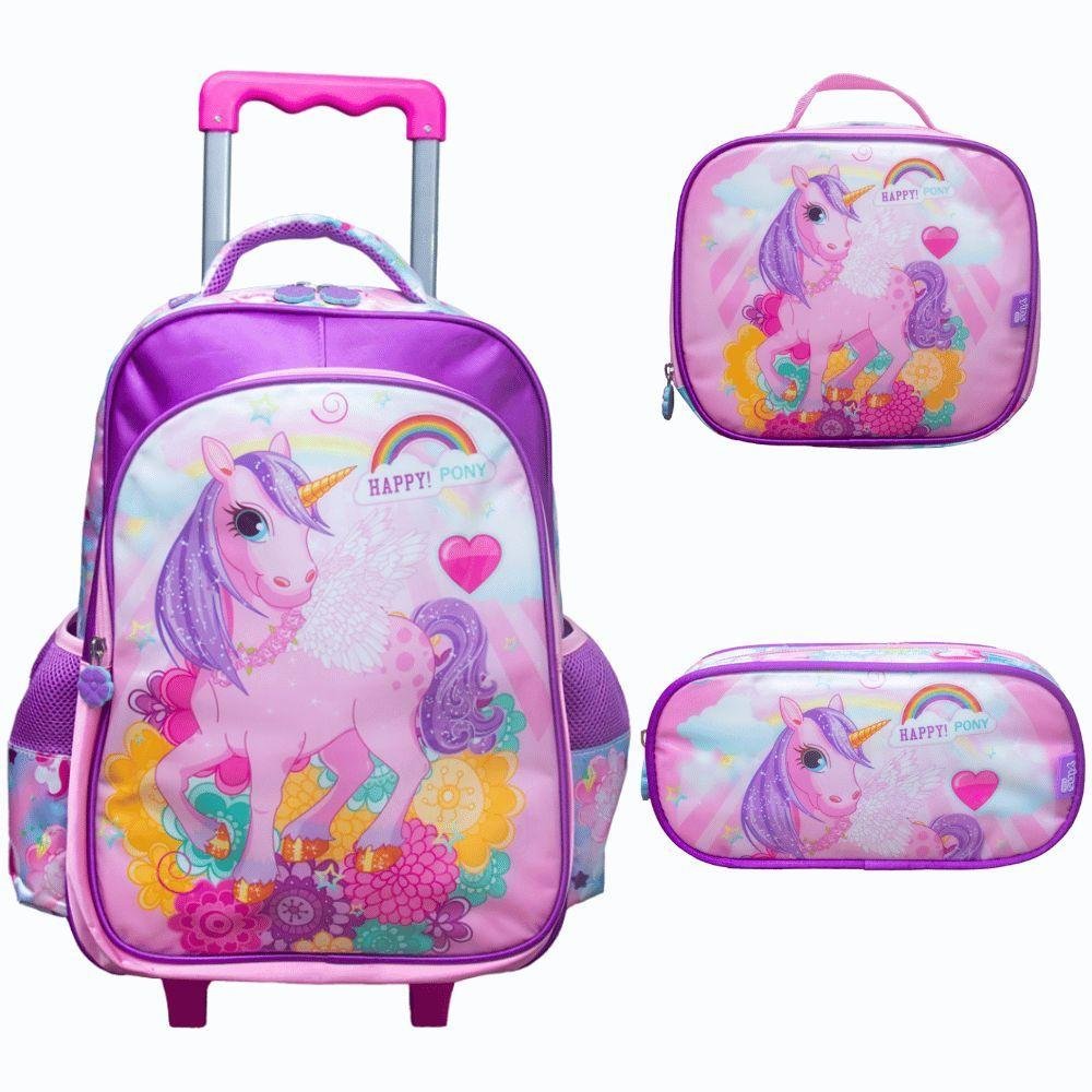 Kit Mochila de Rodinhas + Lancheira Térmica + Estojo Happy Pony Yins Rosa