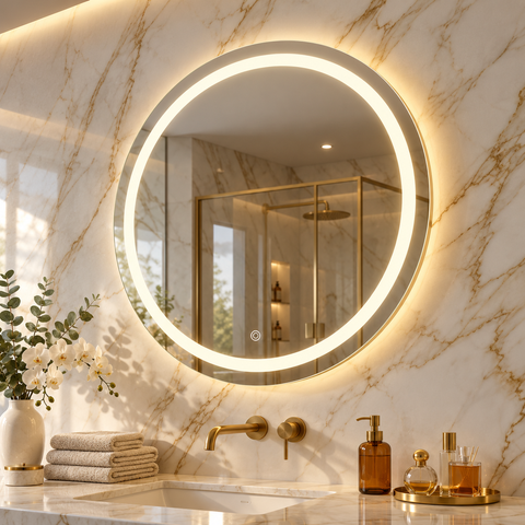 Espelho 80x80cm Redondo LED Touch Jateado Decoração Banheiro