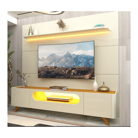 Conjunto Painel Royal 220 + Rack Nobre 210 100% MDF Off White Naturale
