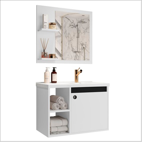 Conj Gab C/ Espelheira e Cuba para Banheiro 60cm Adonis Ofertamo Branco/preto