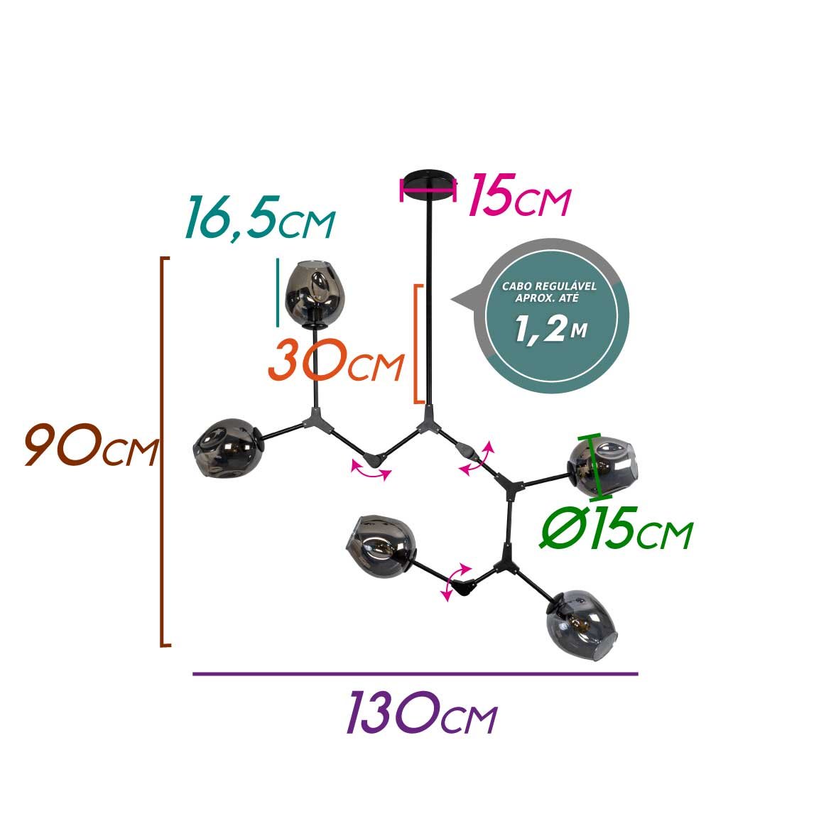 Pendente Ieda Cupula Vidro P/ 5XE27 IDL011 Preto Fosco + Smoky ST2408 - 2