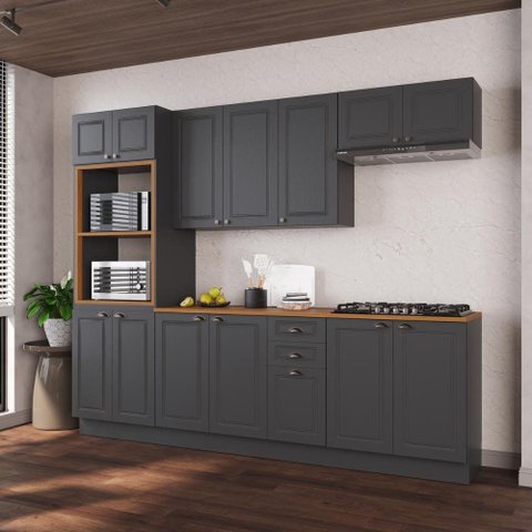 Cozinha Modulada Completa Americana 100% MDF 270cm com Rodapé Provence Multimóveis Crink-CPL006