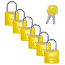 Ver imagem 1 de Cadeado Pequeno 20mm Haste Curta Latão Maciço Amarelo com Chave | Papaiz | Kit 06 Un