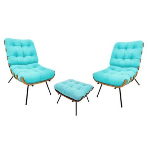Kit 02 Poltronas e 01 Puff Costela Suede Azul Tiffany