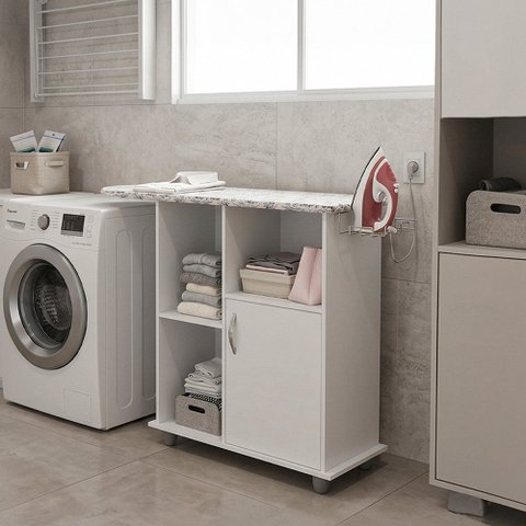 Tábua de Passar Roupa Miami Lavanderia Mesa Multiuso com Organizador e Suporte Ferro - Branco